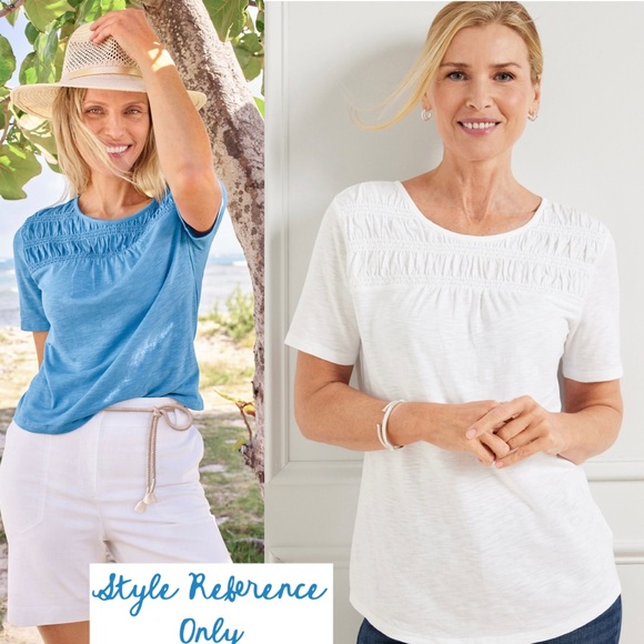 Talbots Petal Pink Smocked Yoke Short Sleeve Knit Top Women’s Large NWT - Picture 11 of 16